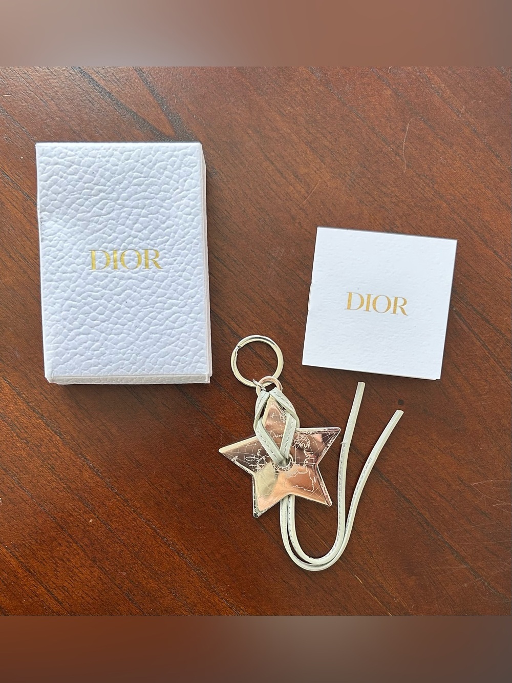 Dior Metallic Rose Star Keyring with Leather Strap